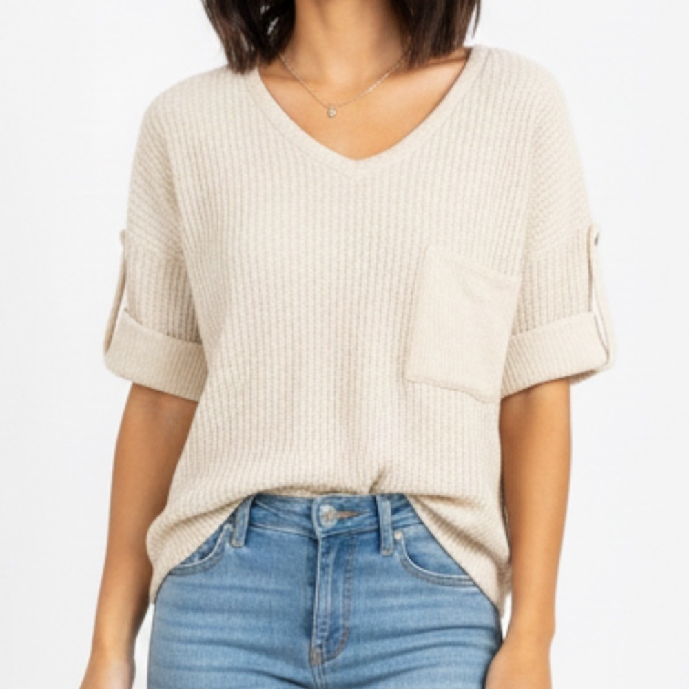 Ya Los Angeles Cream Knit Normcore Oversized Sweater with Pocket